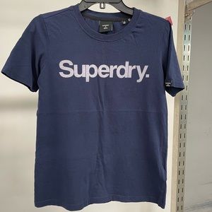 Superdry casual tee shirt navy blue white logo size US 4